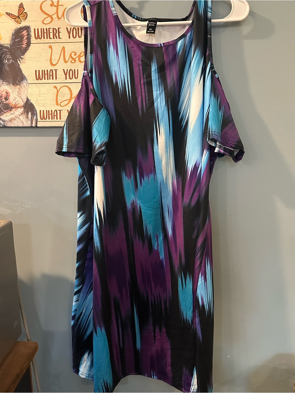 Cold-Shoulder Shift Dress in Black, Teal & Purple